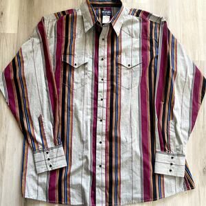 Wrangler Pearl Snap Western Mens Long Sleeve Shirt Size 2XT VTG Burgundy Striped